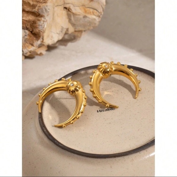 Bold Gold Crescent Hoop Earrings – Stainless Steel - Picture 4 of 14